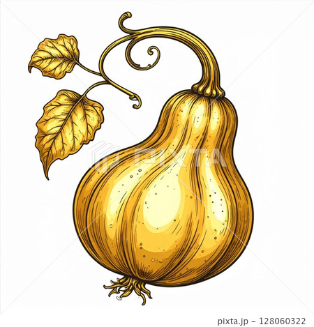 Golden Yellow Pumpkin with Vine and Leaves Illustration Golden Yellow Pumpkin with Vine and Leaves Illustration 128060322