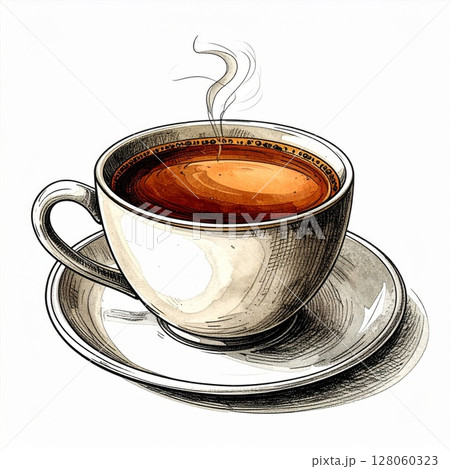 Steaming Coffee in White Cup and Saucer 128060323