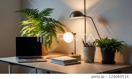 Cozy Home Office Setup with Laptop and Plants Illuminated by Modern Lamps 128060514