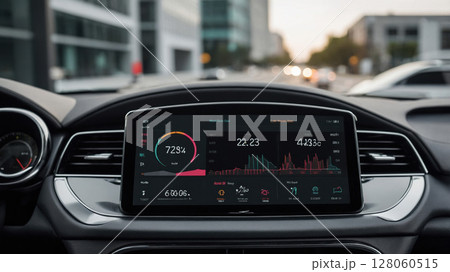 Modern Car Dashboard Displaying Energy Consumption and Battery Status While Driving in the City 128060515
