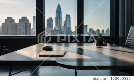 Modern Office Desk Overlooking New York City Skyline 128060516
