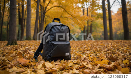 Black Backpack Resting on Autumn Leaves in a Forest 128060517