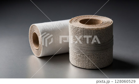 Two rolls of decorative ribbon resting on a gray surface are creating a cozy atmosphere Two rolls of decorative ribbon resting on a gray surface are creating a cozy atmosphere 128060529
