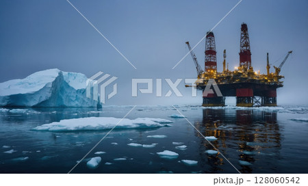 Oil platform exploring for fossil fuels near iceberg in arctic ocean 128060542