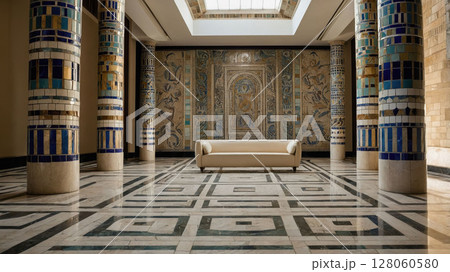 Elegant interior design showcasing unique architectural elements and decorative tiles in a spacious gallery setting 128060580