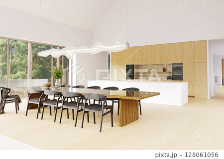 Modern home interior with open kitchen and dining area, featuring a long wood table and large windows. 3d rendering for architectural design and real estate. 128061056