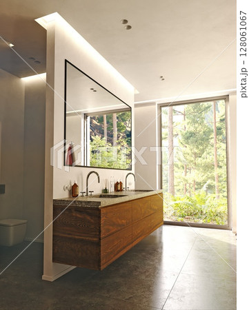 Modern bathroom interior with wooden vanity and mirror. Contemporary home washroom with large window view to green trees. 3d rendering luxury apartment design for real estate. Modern bathroom interior with wooden vanity and mirror. Contemporary home washroom with large window view to green trees. 3d rendering luxury apartment design for real estate. 128061067