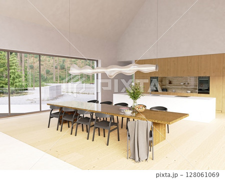 Open plan loft living spacious dining and kitchen area with natural light and wooden details. Modern luxury home interior 3d rendering for real estate. Open plan loft living spacious dining and kitchen area with natural light and wooden details. Modern luxury home interior 3d rendering for real estate. 128061069