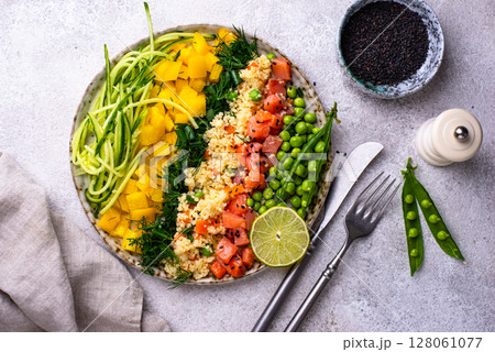 Healthy bowl with salmon and vegetables Healthy bowl with salmon and vegetables 128061077