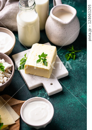 Dairy products. Milk, cottage cheese, cream, butter and yogurt 128061205