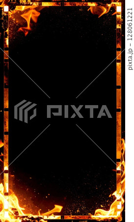 Fiery Orange and Red Flames Frame on Black Background 128061221