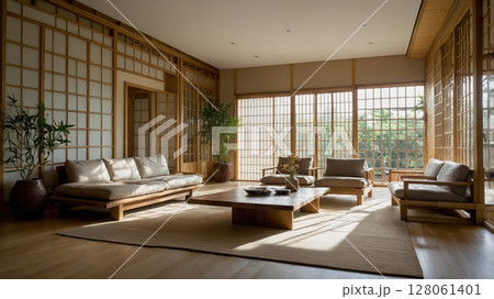 Modern minimalistic living room with natural light and a serene ambiance in a tranquil setting 128061401