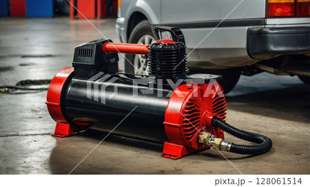 Red and black air compressor inflating car tire in auto repair shop 128061514