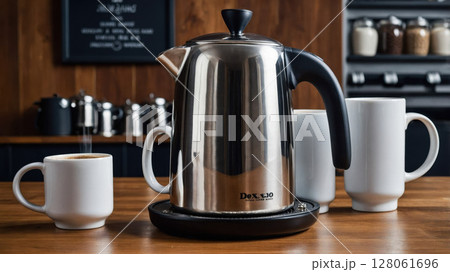 Modern Electric Kettle Heating Water for Coffee in Cozy Cafe Setting Modern Electric Kettle Heating Water for Coffee in Cozy Cafe Setting 128061696