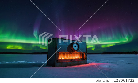 Mysterious glowing device illuminating frozen lake under aurora borealis 128061722