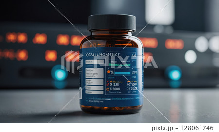 Modern amber medicine bottle with blue label standing on gray table 128061746
