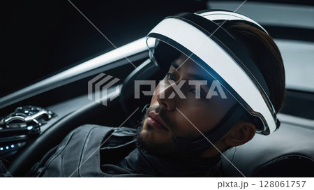 Spaceman wearing futuristic helmet and suit sitting in spaceship cockpit 128061757
