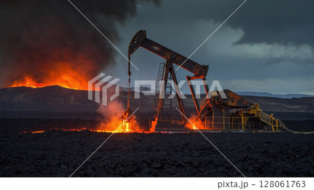 Oil pump extracting crude oil near volcanic eruption at twilight 128061763