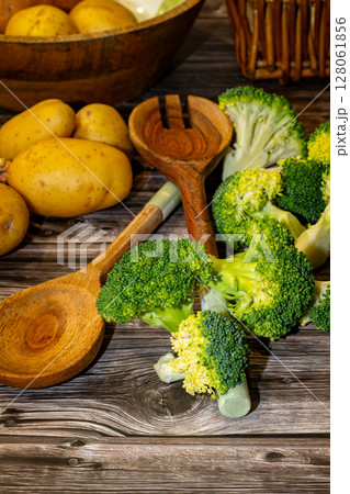 Vegetables on old wooden background overhead close up shoot. High quality photo 128061856