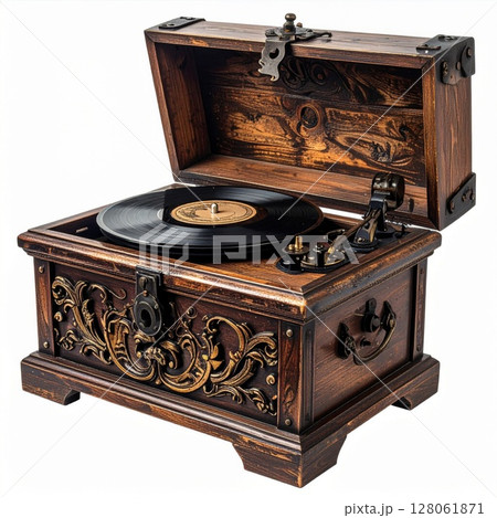 Antique Wooden Record Player in Ornate Chest 128061871