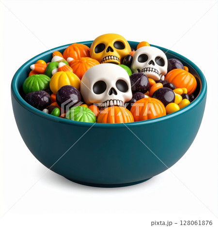 Halloween Candy in Teal Bowl with Skulls Halloween Candy in Teal Bowl with Skulls 128061876