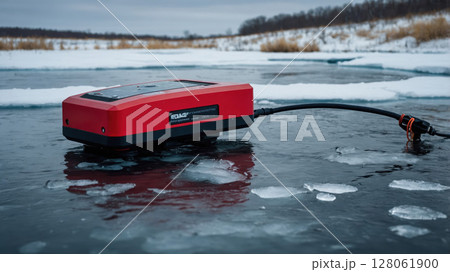 Geophysical equipment measuring ground resistivity on frozen lake 128061900