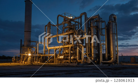 Industrial plant with pipes and chimney at sunset generating energy 128061913