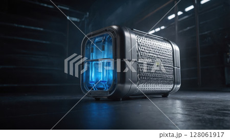 Futuristic metal container emitting blue light in dark industrial environment Futuristic metal container emitting blue light in dark industrial environment 128061917