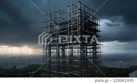 Unfinished skyscraper metal structure rising above the city under dark cloudy sky 128061930