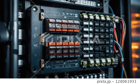 Electrical Cabinet Showing Fuses and Switches Controlling Industrial Equipment 128061931
