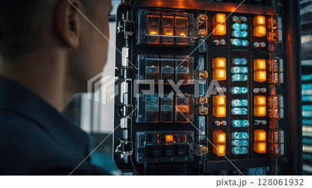 Technician monitoring electrical panel with illuminated switches and fuses 128061932