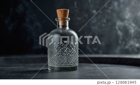 Crystal decanter with cork stopper standing on dark surface 128061945