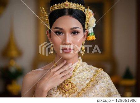 Elegant young asian woman in traditional thai costume with gold jewelry and hair accessories 128061980