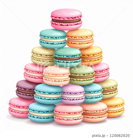 Pastel Macarons Pyramid on White Background 128062020