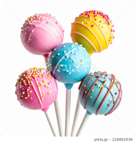 Colorful Cake Pops on Sticks White Background 128062036