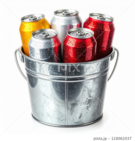 Assortment of Colorful Aluminum Cans in Metal Bucket 128062037