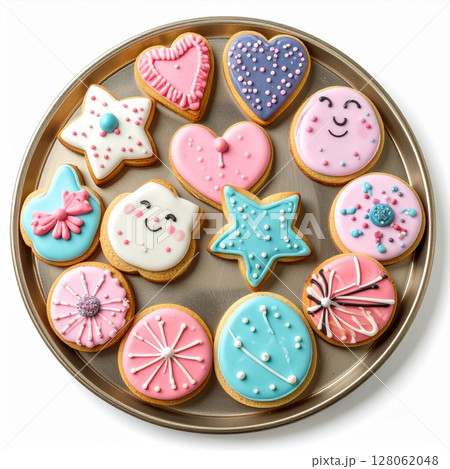 Colorful Decorated Cookies on a Silver Tray 128062048