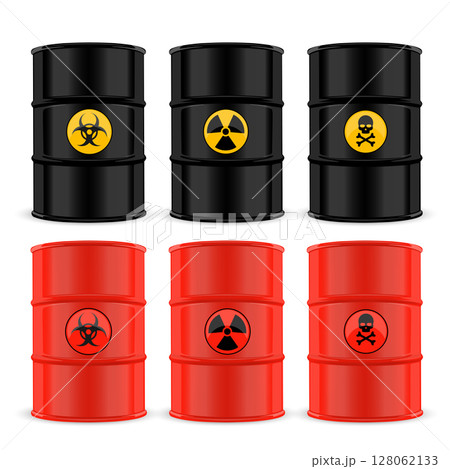 Hazardous Waste Barrels: Biohazard, Radiation, Toxic Skull Vector Hazardous Waste Barrels: Biohazard, Radiation, Toxic Skull Vector 128062133