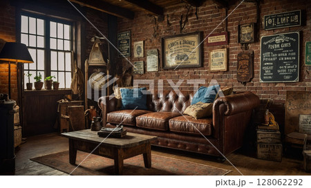 Cozy vintage living room with leather sofa and rustic decor in a warm, inviting atmosphere Cozy vintage living room with leather sofa and rustic decor in a warm, inviting atmosphere 128062292