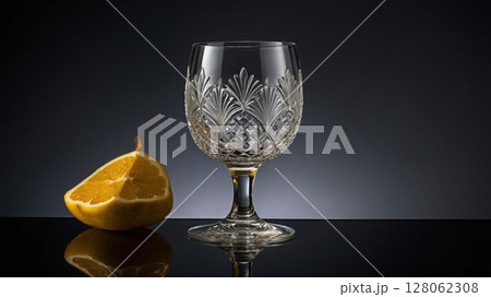 Crystal glass and a slice of citrus fruit standing on a reflective surface 128062308