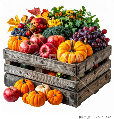 Autumn Harvest: Colorful Fruits and Vegetables in Wooden Crate 128062352