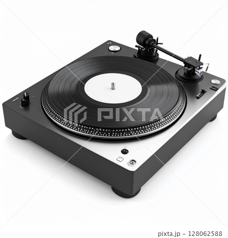 Black and Silver Turntable with Vinyl Record Black and Silver Turntable with Vinyl Record 128062588