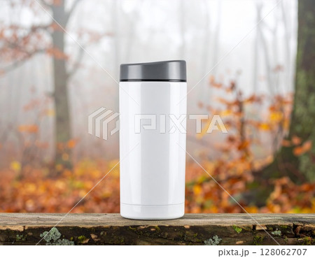 White Tumbler on Wooden Surface with Autumn Forest Background 128062707