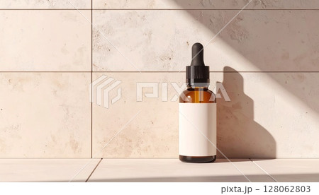 Amber Glass Dropper Bottle with Blank Label Against Beige Tile Background 128062803
