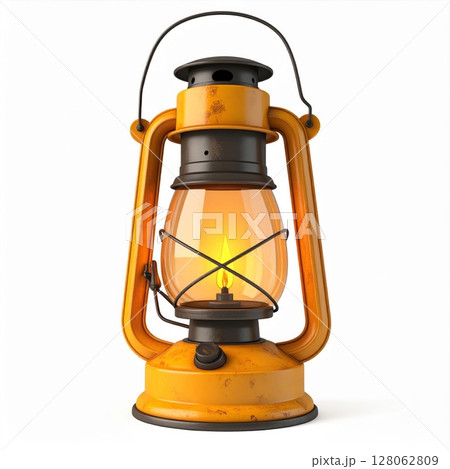 Vintage Yellow Oil Lantern with Glowing Flame Vintage Yellow Oil Lantern with Glowing Flame 128062809