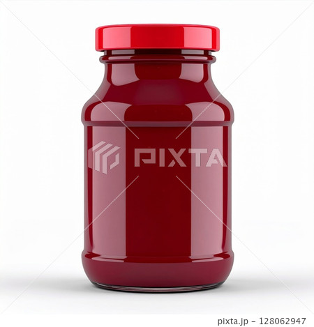 Red Glass Jar of Food Preserve on White Background 128062947