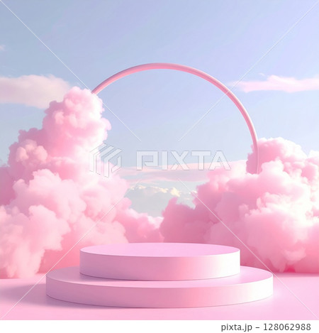Pink Pastel Cloudscape with Circular Arch and Podium 128062988