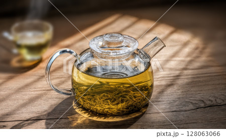 The steam from a cup or pot of tea on the old wood table and black background with nature 128063066