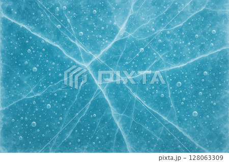 Cyan Frozen Lake Surface Showcasing Radiating Cracks and Suspended Air Bubbles 128063309