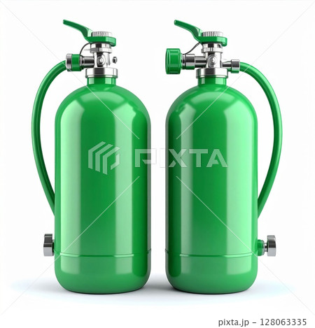 Two Green Metal Tanks with Valves on White Background Two Green Metal Tanks with Valves on White Background 128063335